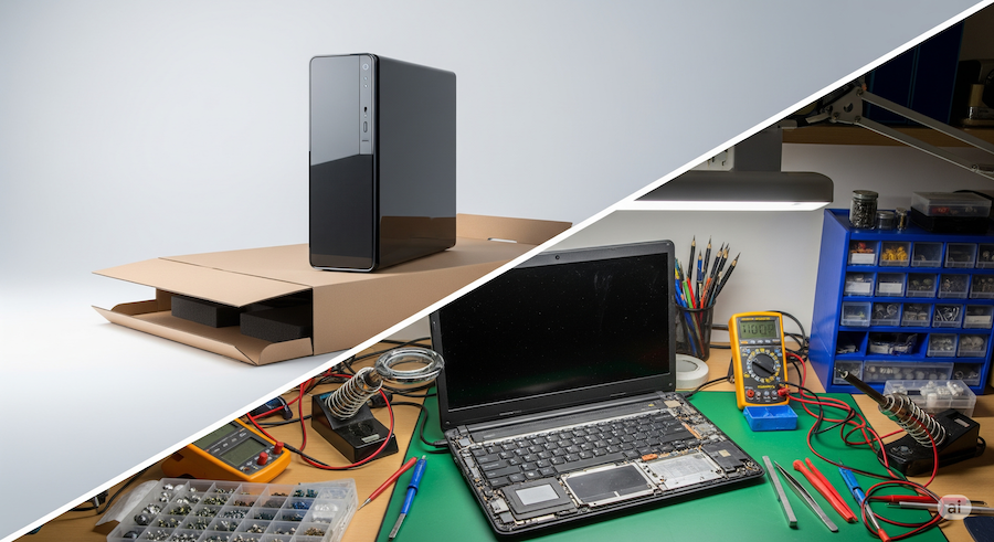 A split image showing new computers for sale and a professional IT repair workbench
